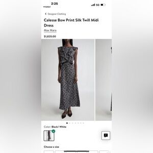 MaxMara Calesse Bow Print Silk Midi Black and White Floral Dress